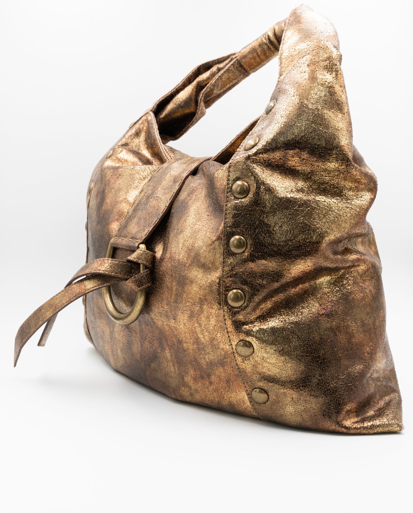 Gold Crinkly Leather Hobo Bag
