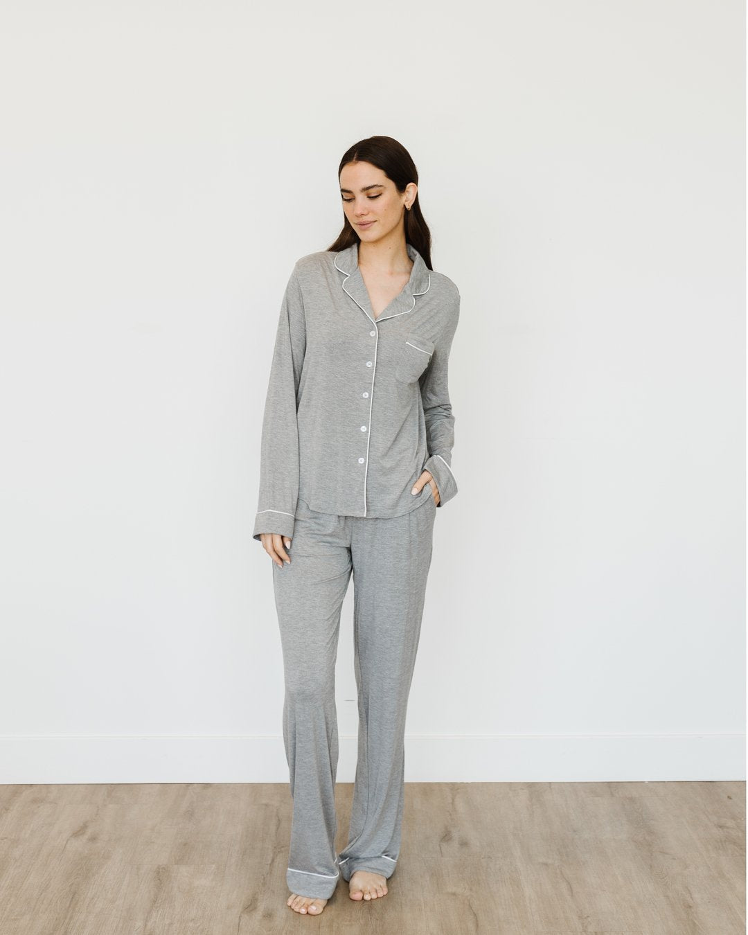 Grey Women's Long Sleeve Stretch-Knit Bamboo Pajama Set - TALL