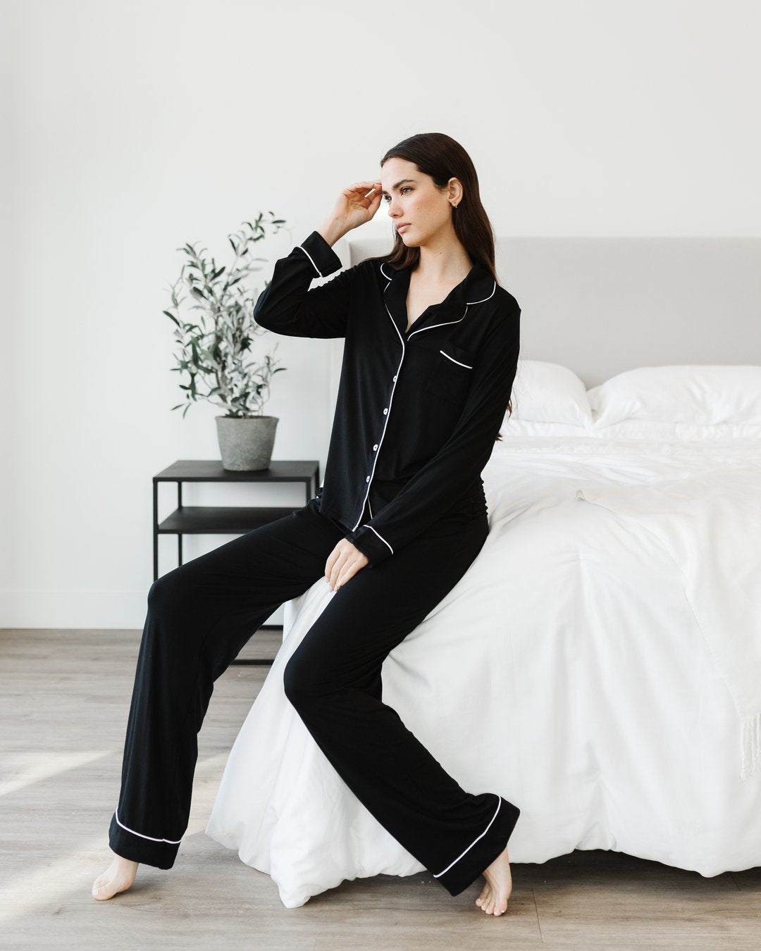 Black Women's Long Sleeve Stretch-Knit Bamboo Pajama Set - TALL